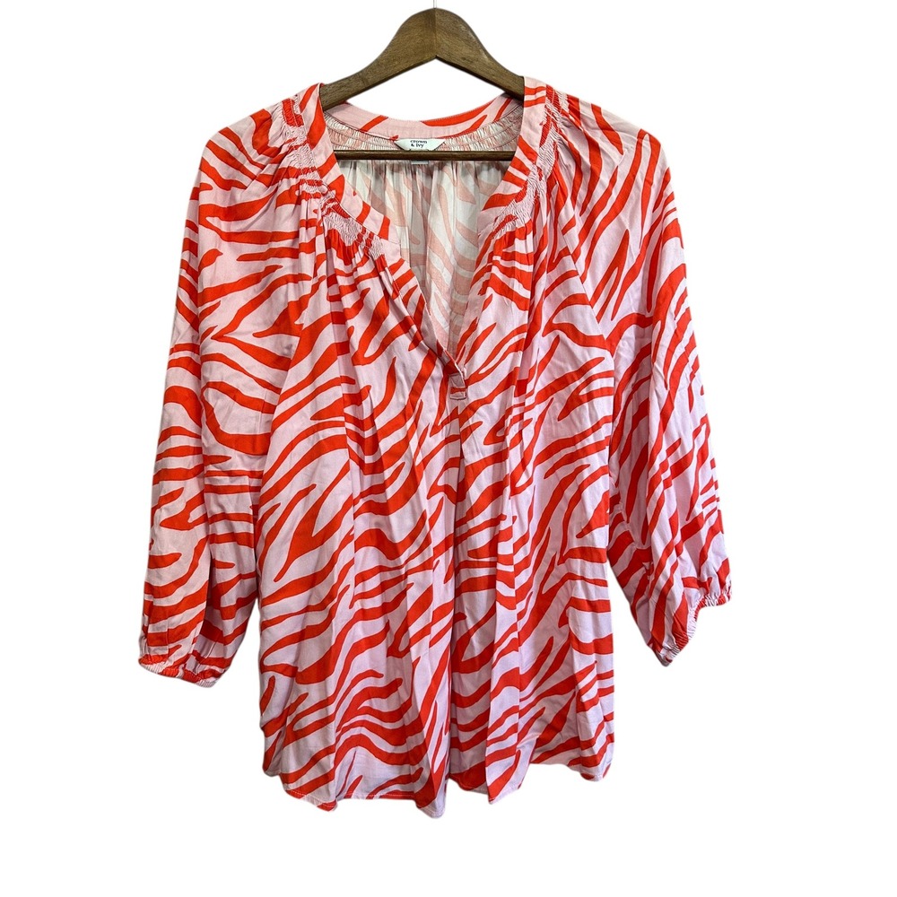 Crown & Ivy Womens Orange Zebra Print 3/4 Sleeve Button Blouse Size L